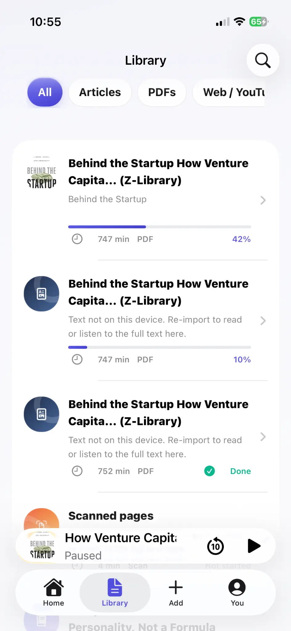 AudioPage library showing saved listening items on iPhone