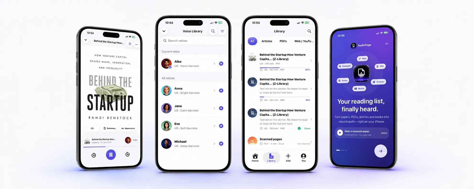 AudioPage reading and listening screens on iPhone