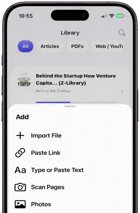 AudioPage import screen showing document and article sources